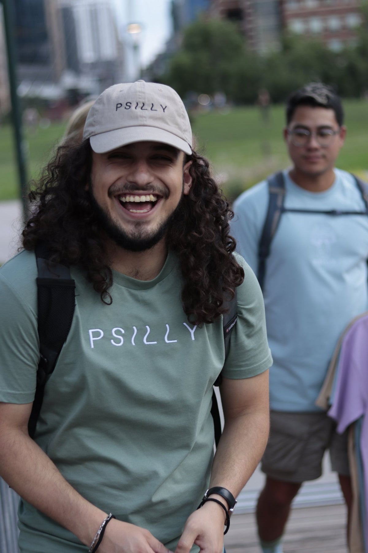 Sage PSILLY wordmark tee with stone dad hat