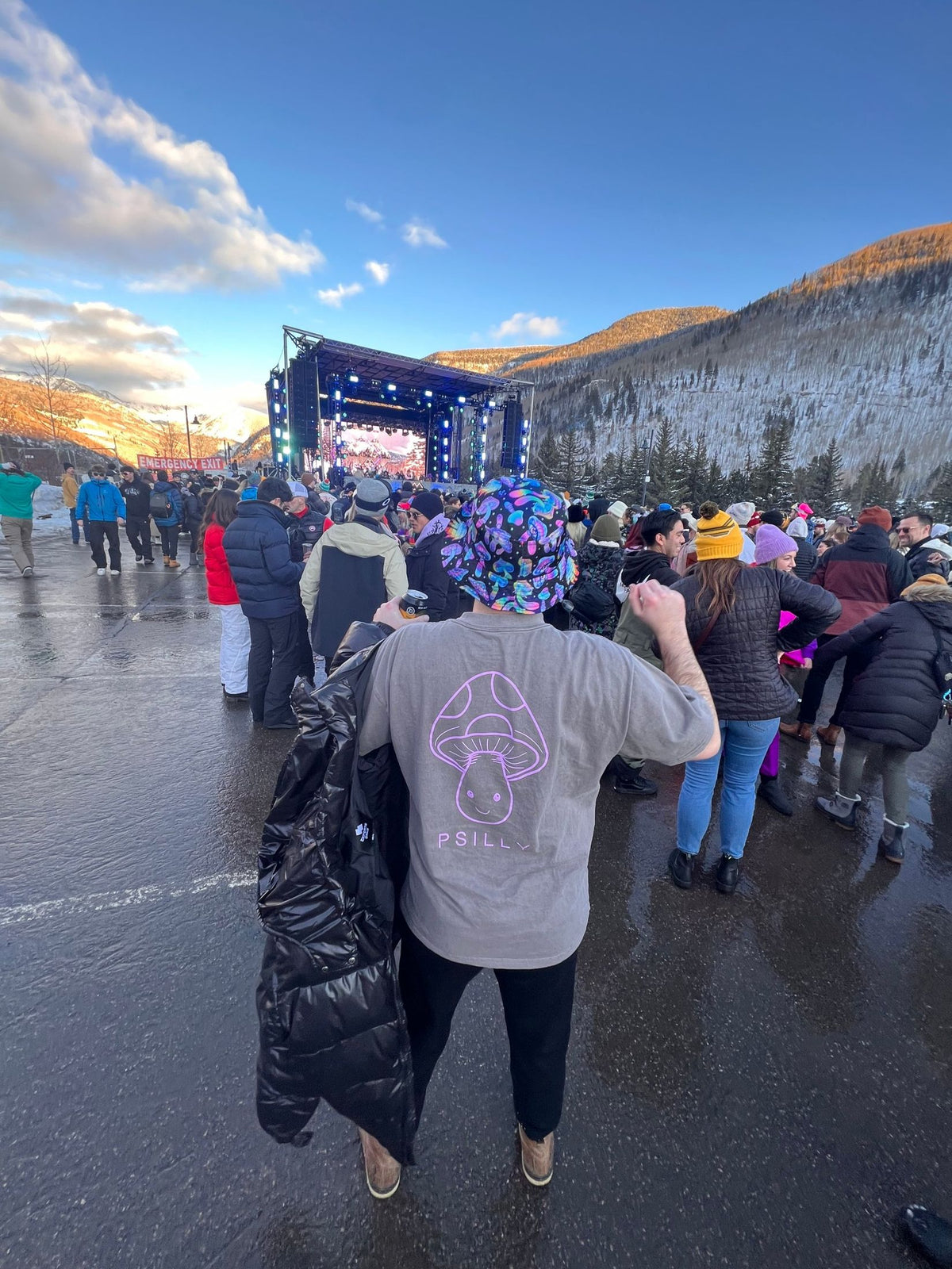 Grey tee with purple mushroom back print at a mountain show