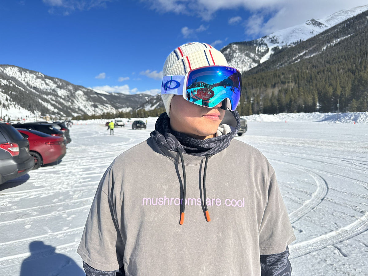 Washed grey Mushrooms Are Cool tee in the snow